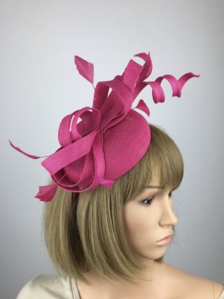 Elegant Fuchsia Pink Twisted Swirl Fascinator with Bows & Diamond-Cut Feathers