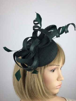 Dark Green Fascinator Hat with Twisted Swirls & Diamond Cut Feathers