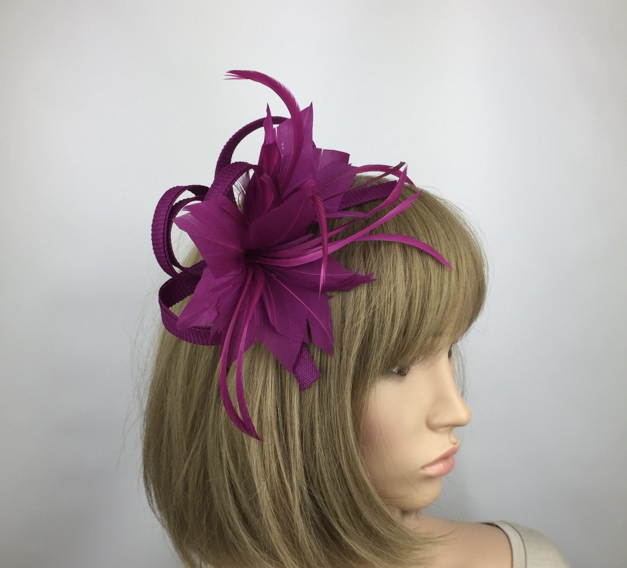 Handcrafted Magenta Feather Fascinator - Image 2