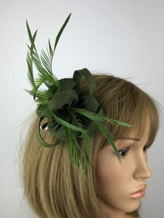 Elegant Khaki Green Fascinator with Biot Feathers – Olive Green Wedding & Race Day Headpiece