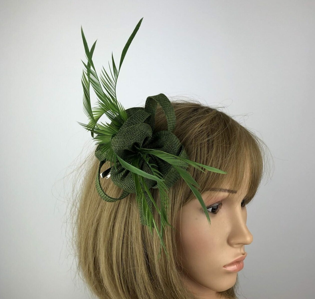 Khaki Green Fascinator with Biot Feathers – Olive Wedding 