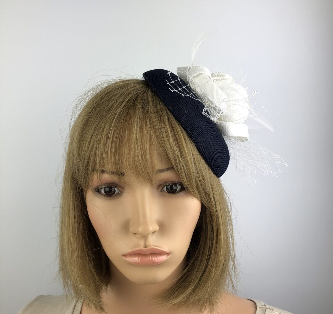 Navy Blue and White Fascinator Handmade Unique Fascinator - Image 3