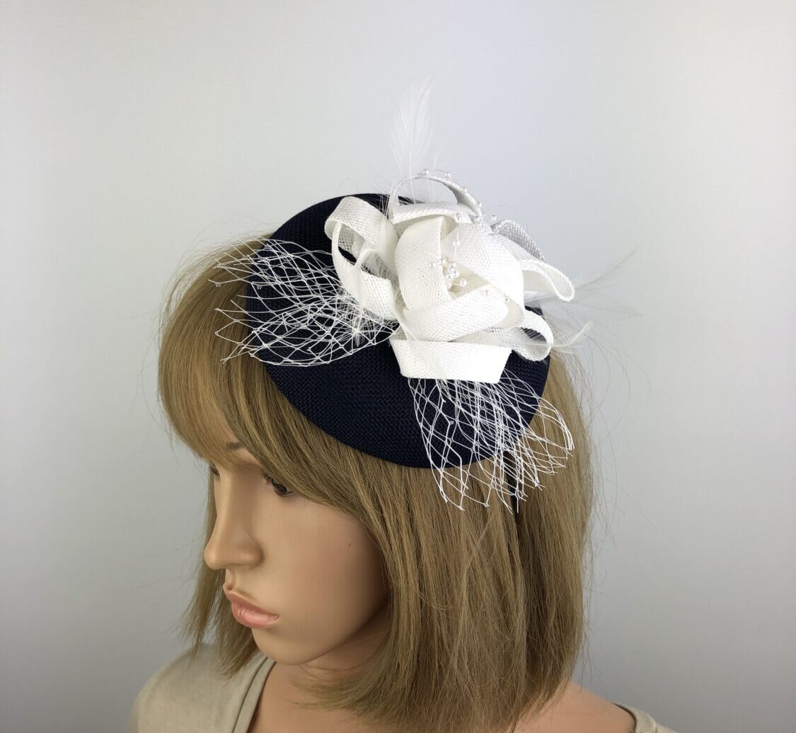 Navy Blue and White Fascinator Handmade Unique Fascinator - Image 2