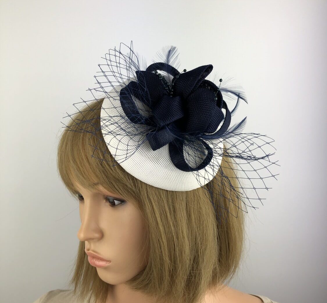 Navy Blue and White Bespoke & Unique Design Fascinator - Image 2