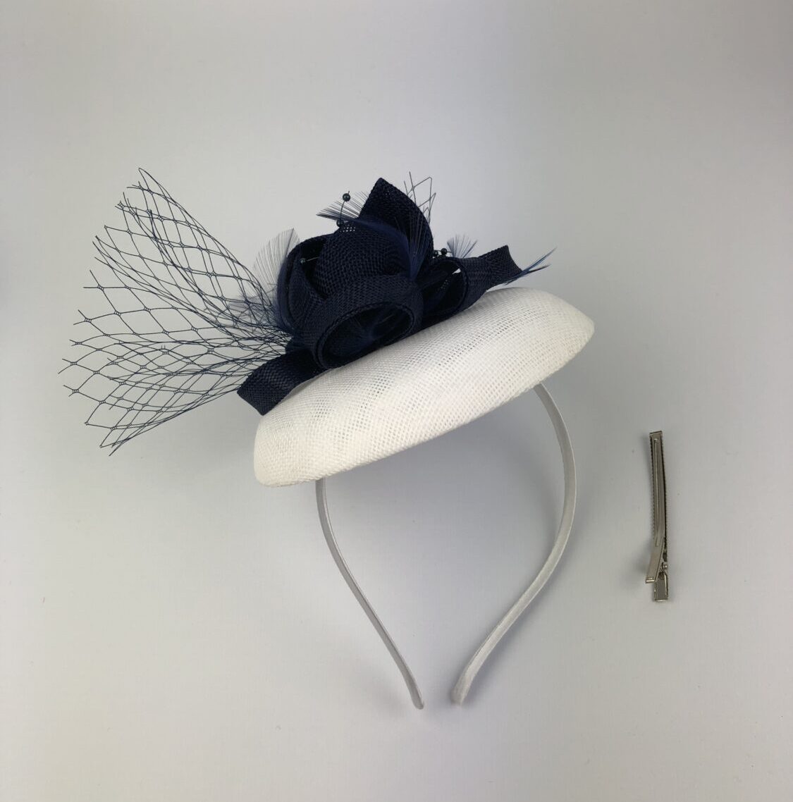 Navy Blue and White Bespoke & Unique Design Fascinator - Image 5