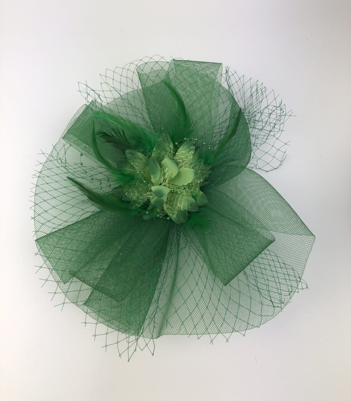 Green Net and Beaded Feather Fascinator - Image 4
