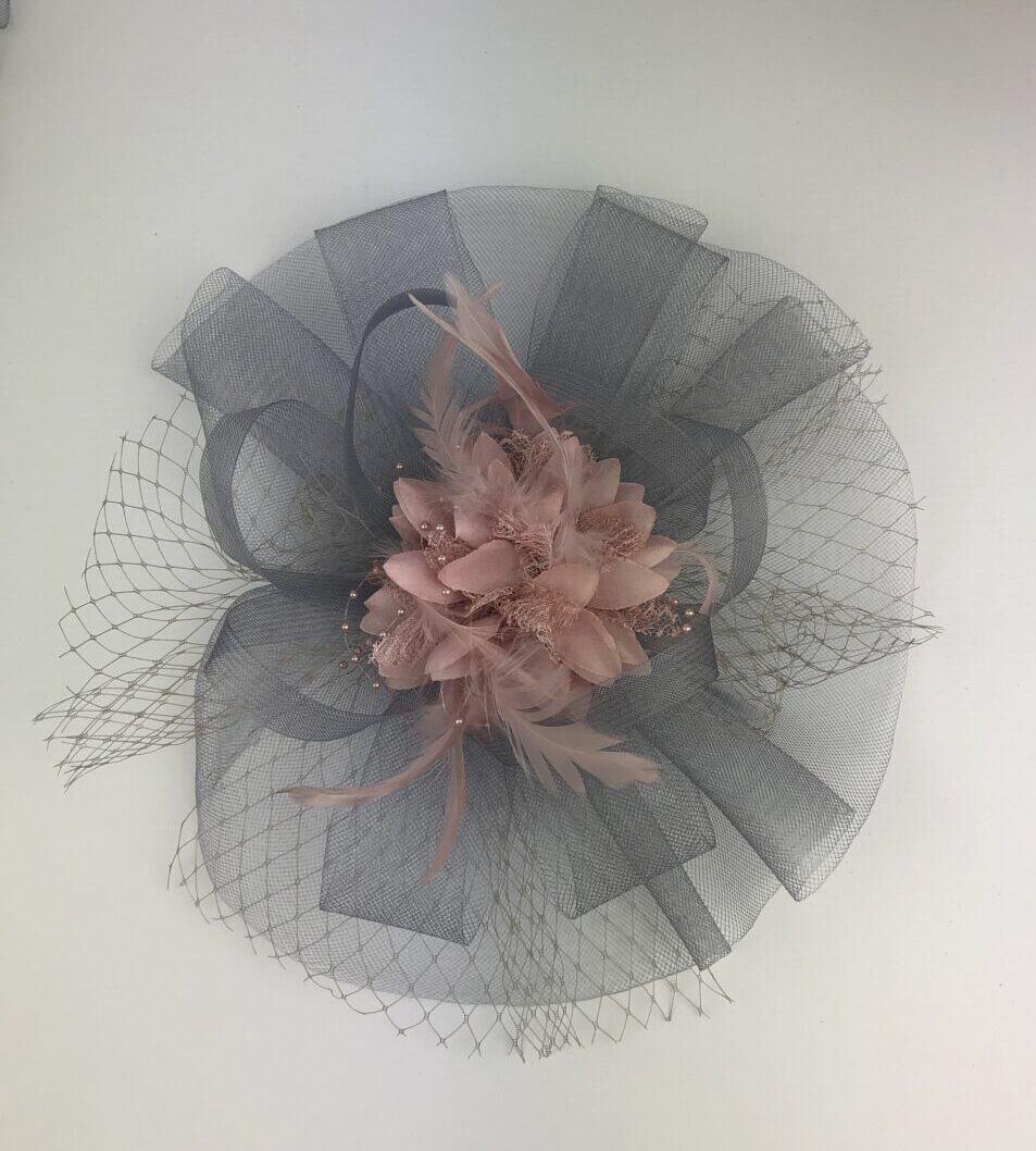 Grey & Blush Pink Net and Beaded Feather Fascinator - Image 5