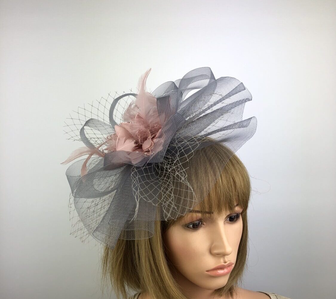 Grey & Blush Pink Net and Beaded Feather Fascinator