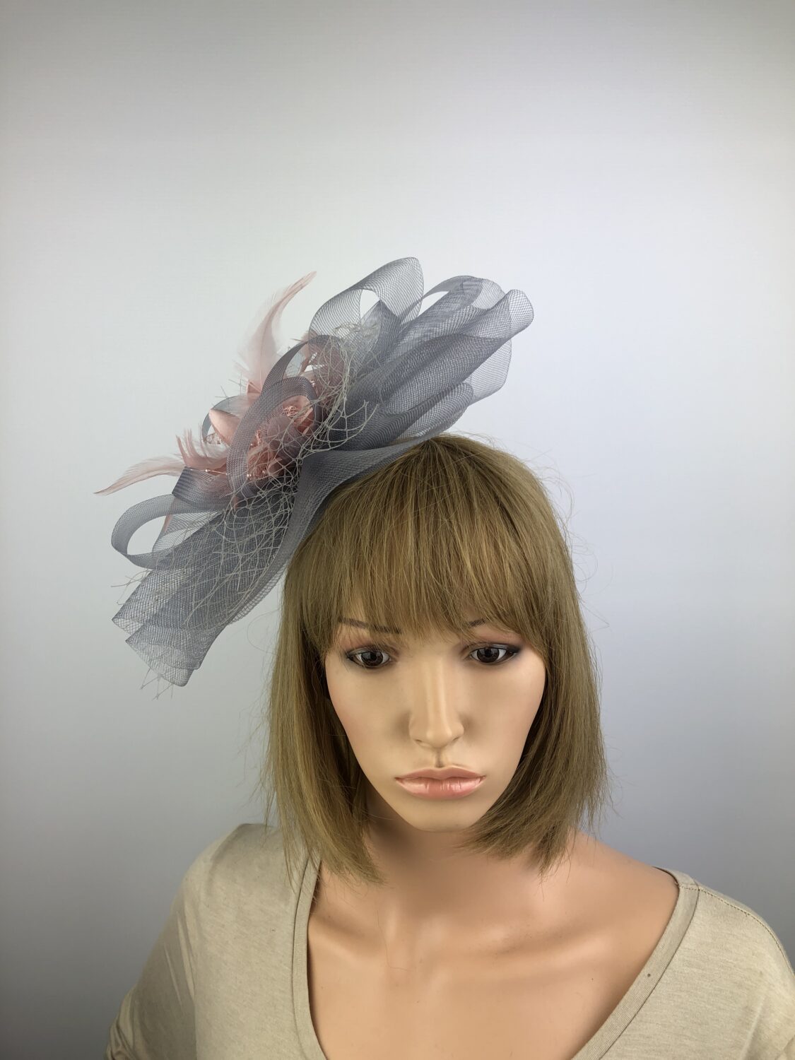 Grey & Blush Pink Net and Beaded Feather Fascinator - Image 3