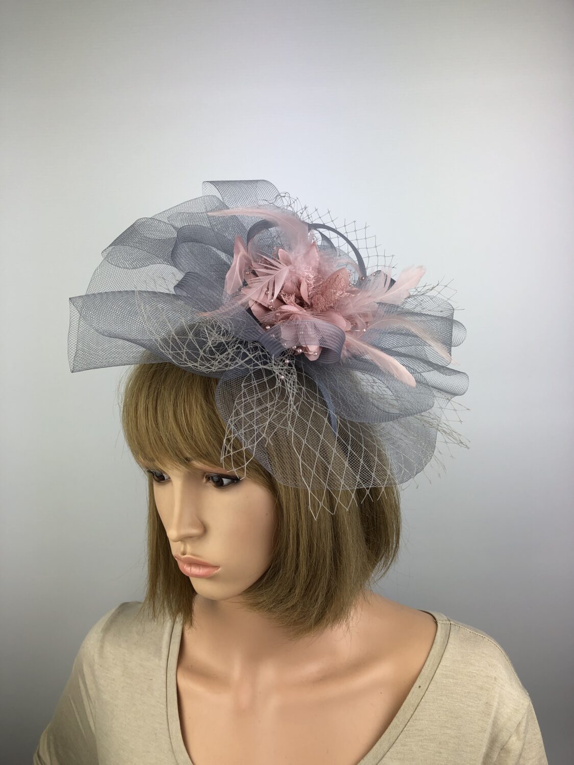 Grey & Blush Pink Net and Beaded Feather Fascinator - Image 2