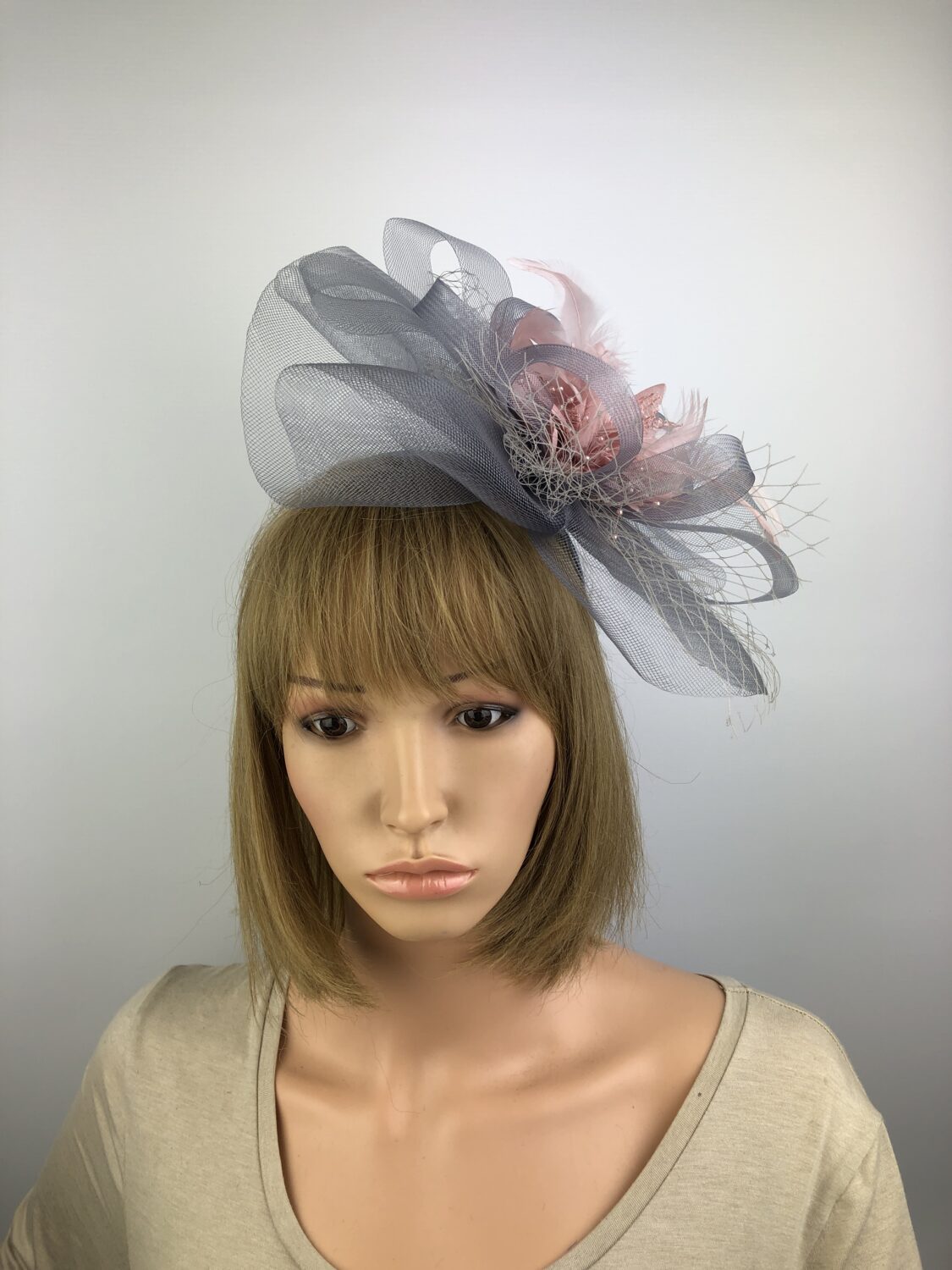 Grey & Blush Pink Net and Beaded Feather Fascinator - Image 4