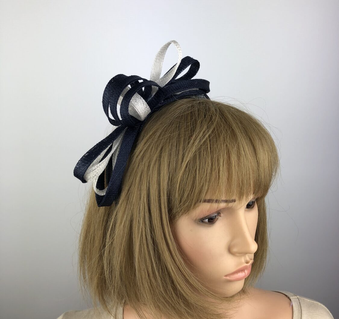 Navy Blue and White Loop and Leaf Fascinator - Image 4