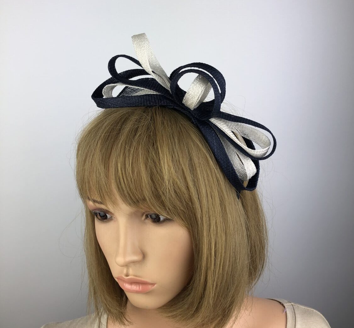 Navy Blue and White Loop and Leaf Fascinator