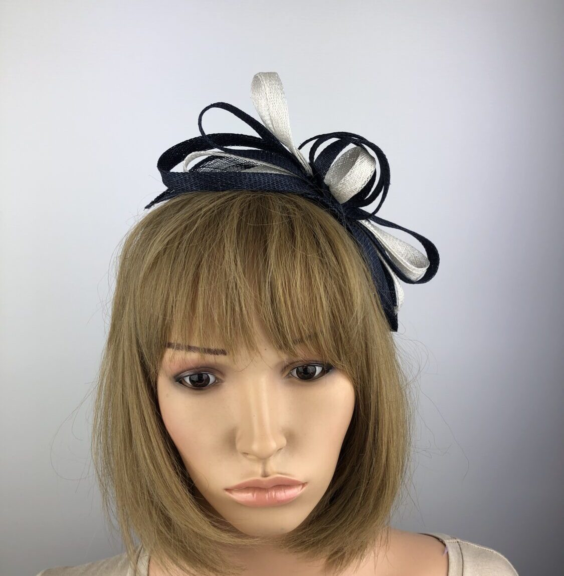 Navy Blue and White Loop and Leaf Fascinator - Image 2