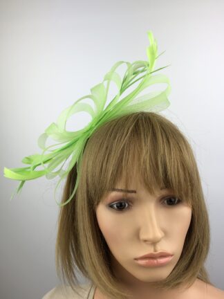 Lime Green Bow Fascinator with Loops and Feathers