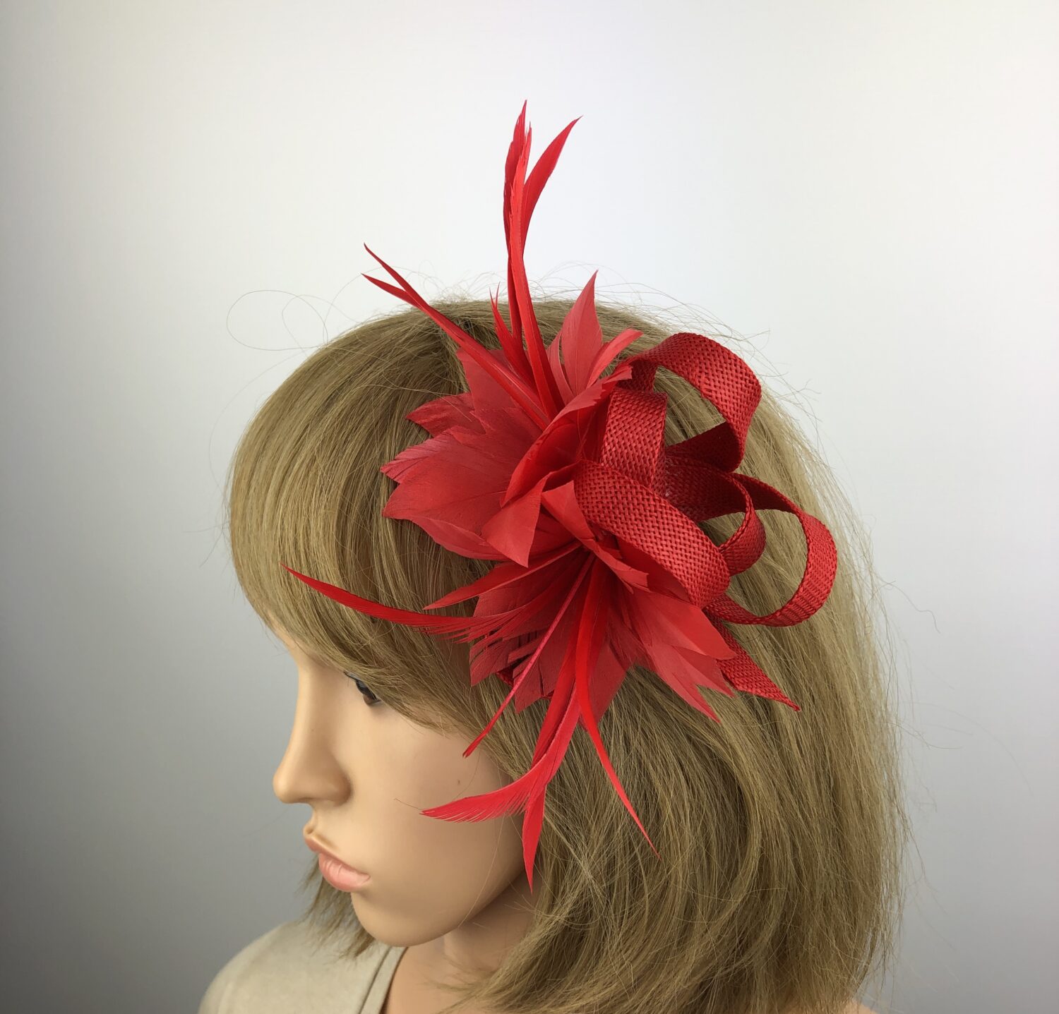 Red Fascinator - Feather Flower Hair Clip - Image 2