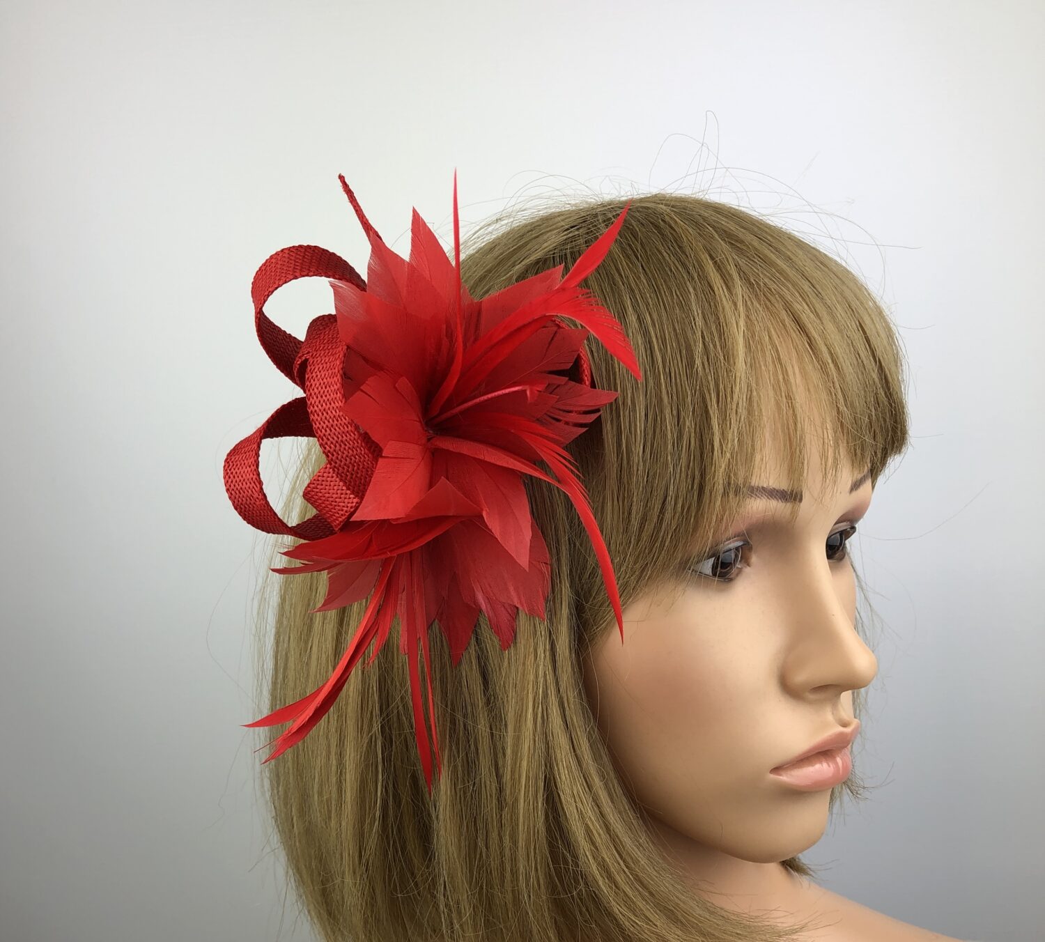 Red Fascinator - Feather Flower Hair Clip