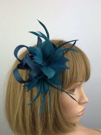 Teal Fascinator - Feather Flower Hair Clip & Sinamay Loops