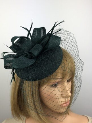 Dark Green Fascinator - Pillbox Fascinator Hat with Face Veil