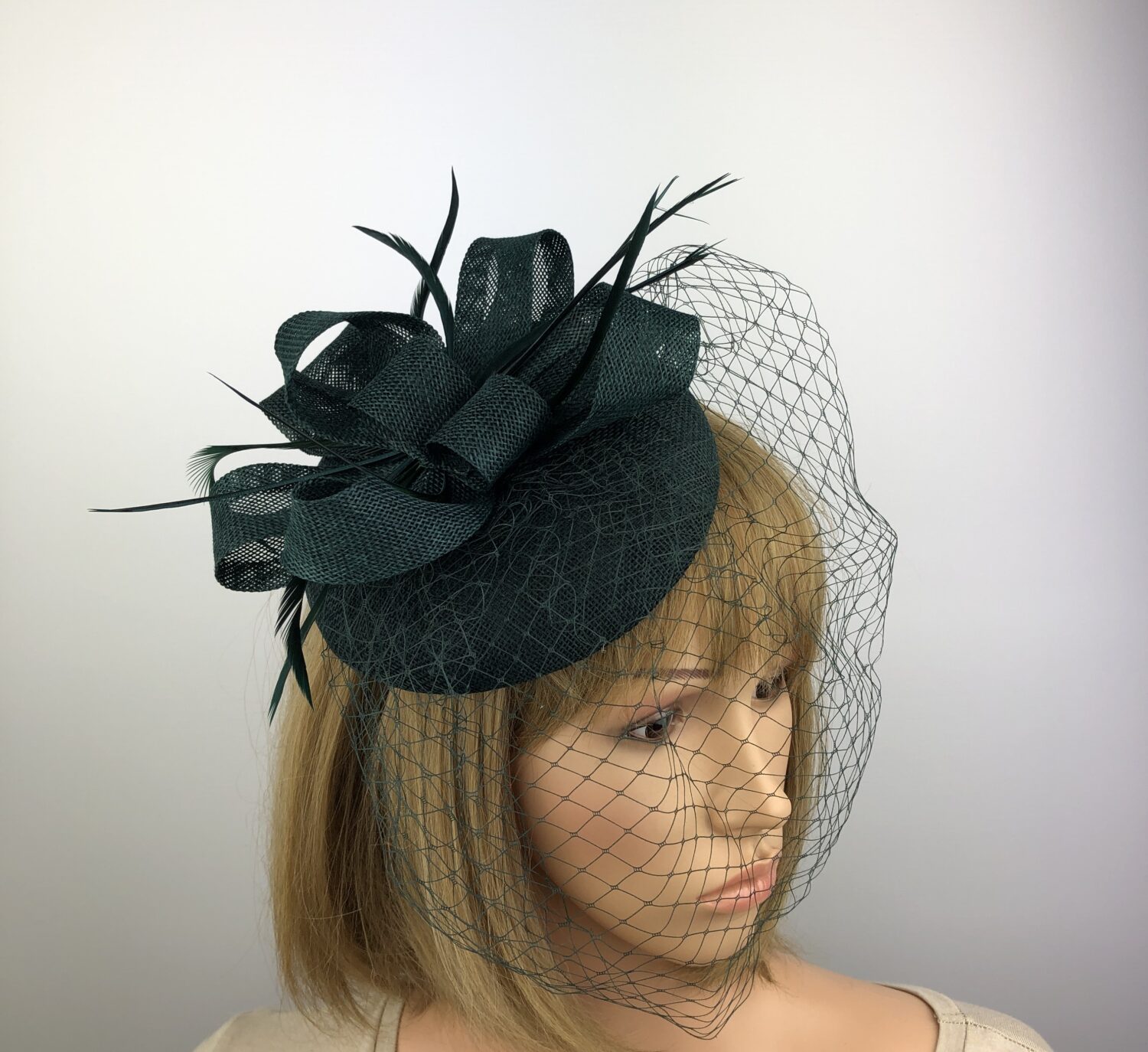 Dark Green Pillbox Fascinator with Bow, Biot Feathers & Veil