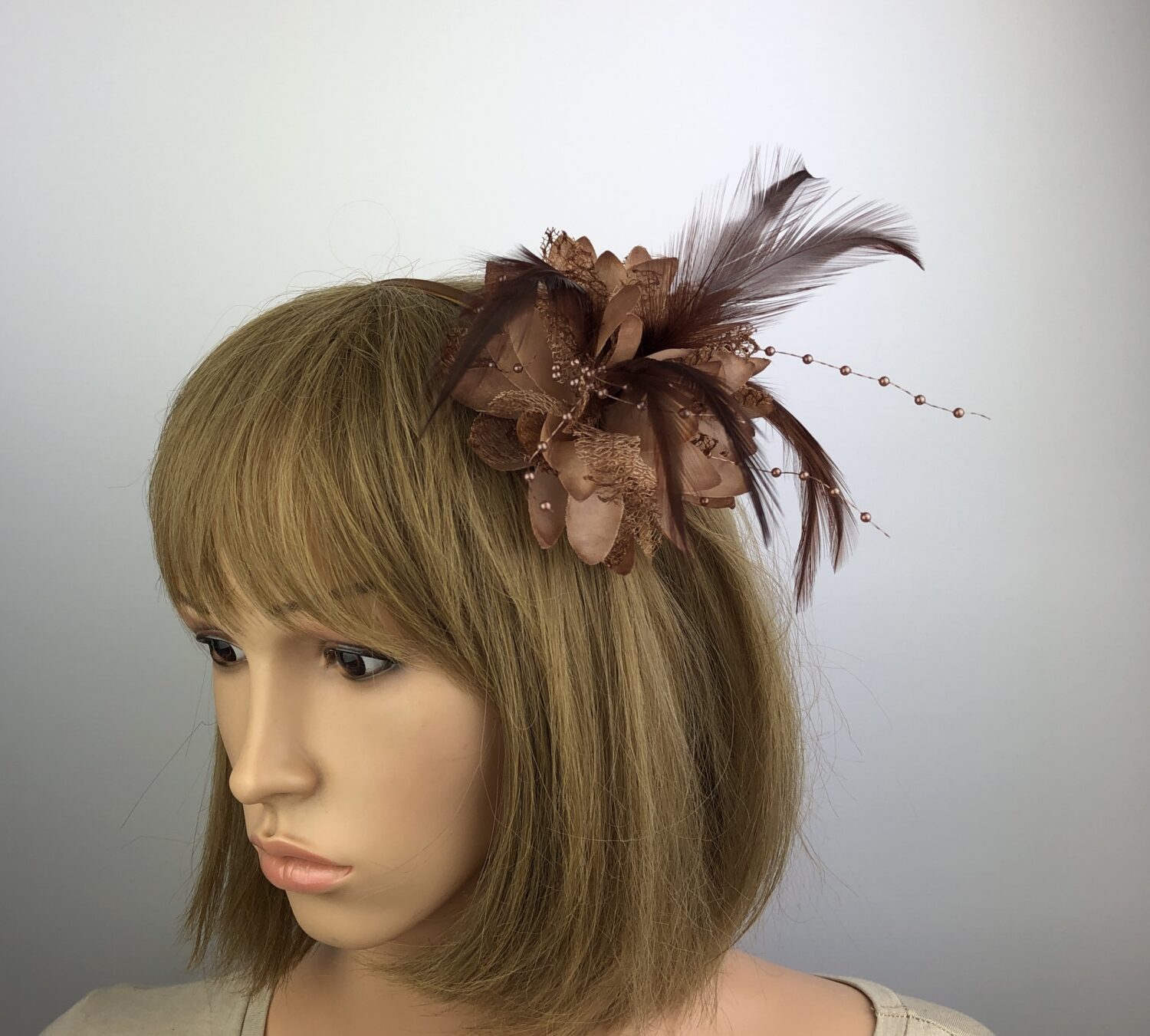 Brown Flower Fascinator Hat with Pearl Beads & Feathers - Image 2