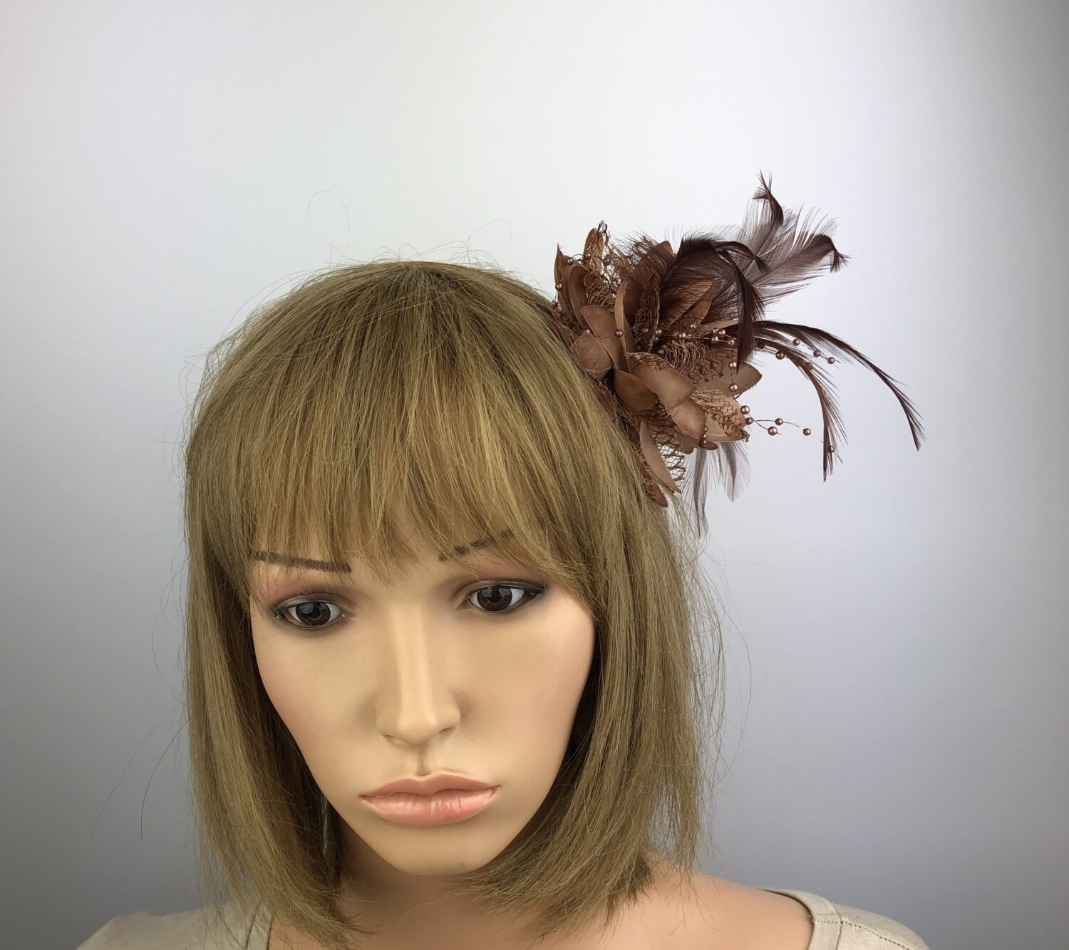 Brown Flower Fascinator Hat with Pearl Beads & Feathers - Image 4