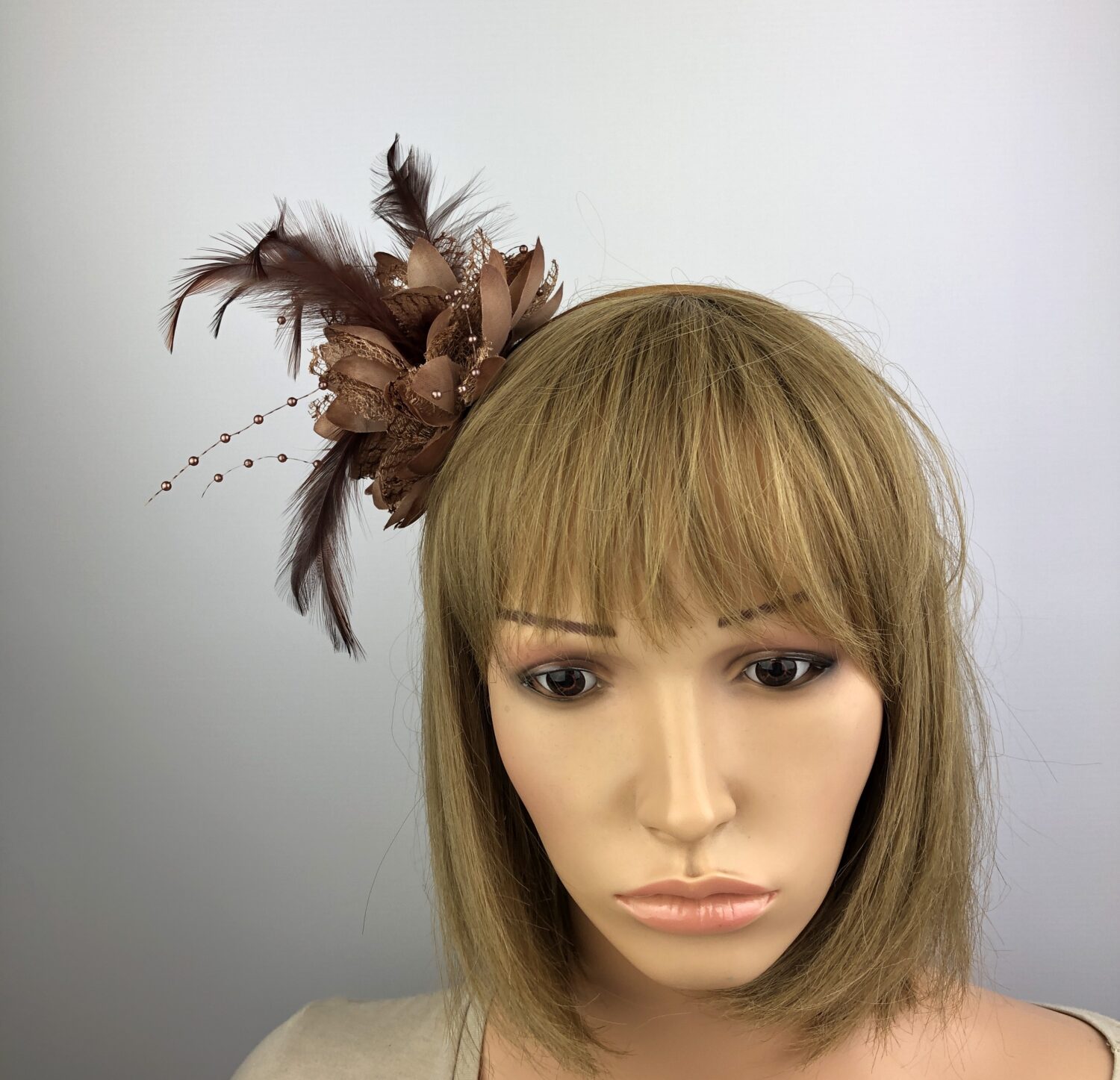 Brown Flower Fascinator Hat with Pearl Beads & Feathers - Image 3