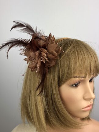 Brown Flower Fascinator Hat with Pearl Beads & Feathers