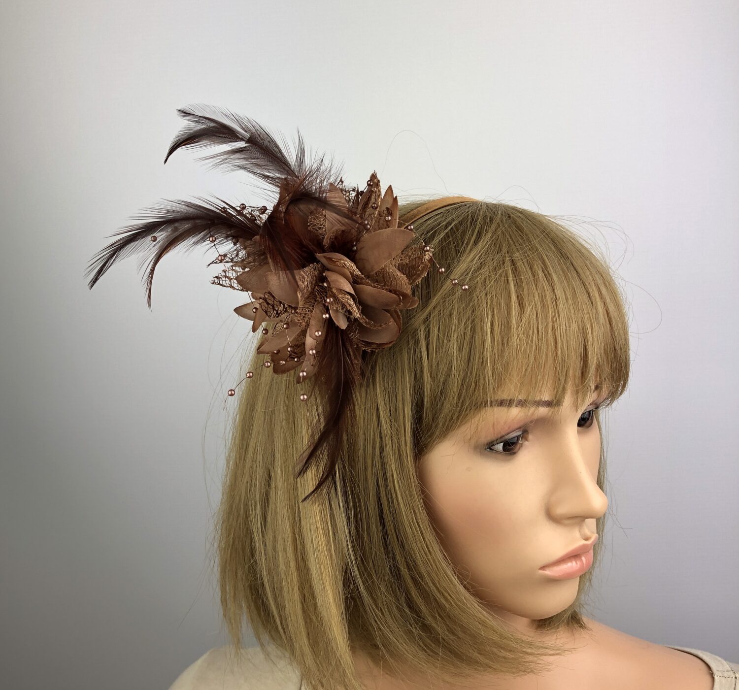 Brown Flower Fascinator Hat with Pearl Beads & Feathers