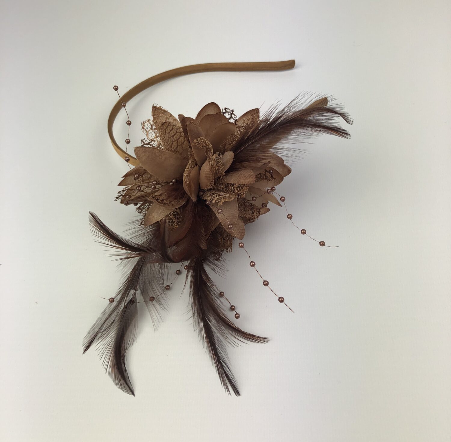 Brown Flower Fascinator Hat with Pearl Beads & Feathers - Image 6