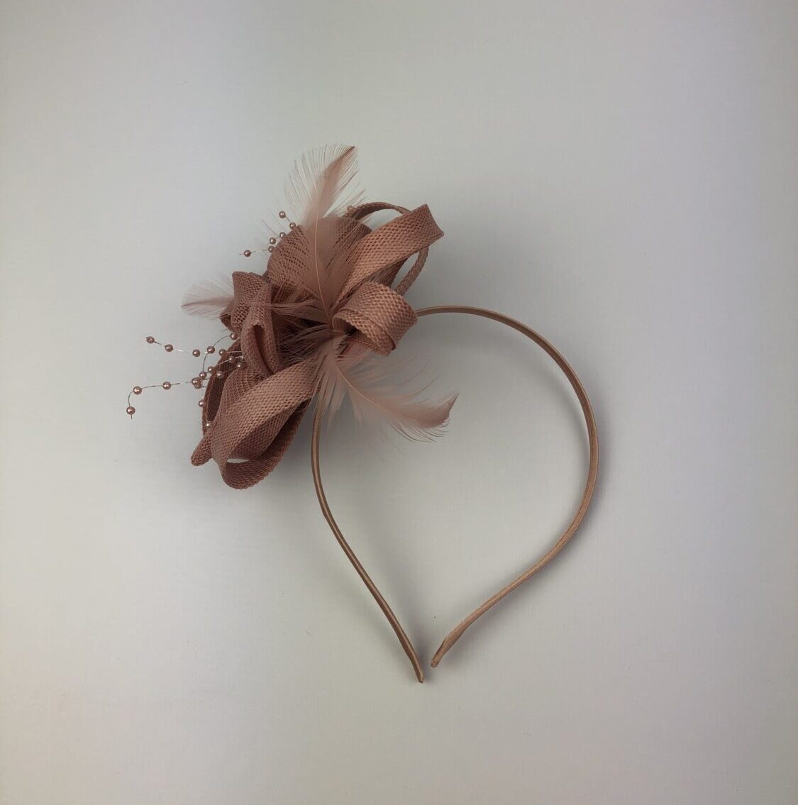 Blush Pink Sinamay Flower Fascinator with Beads & Feathers - Image 8