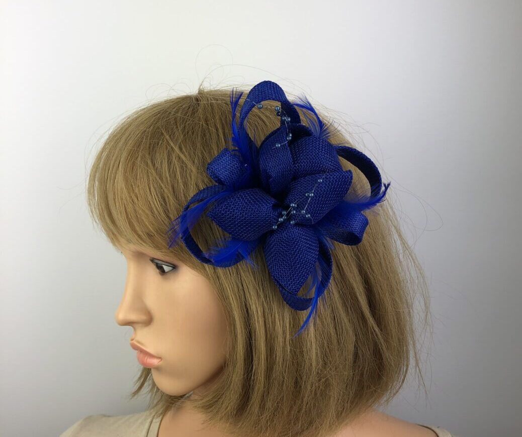 Royal Blue Fascinator Blue Beads & Feathers - Image 2