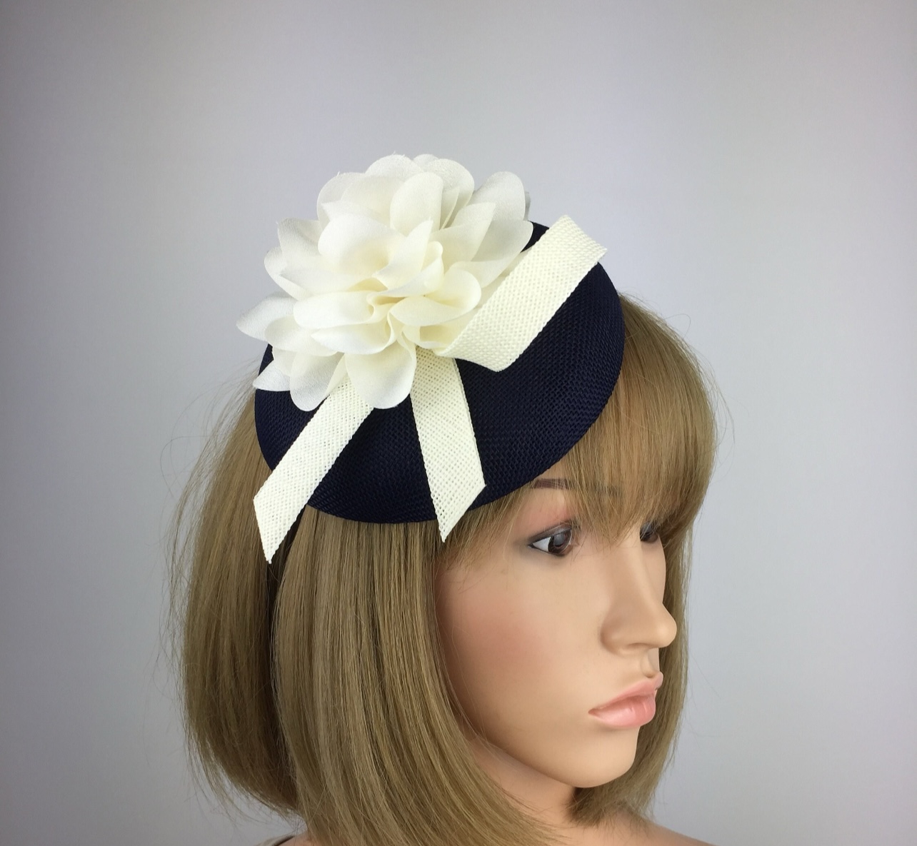 Navy Blue and Cream Fascinator Bespoke & Unique Design