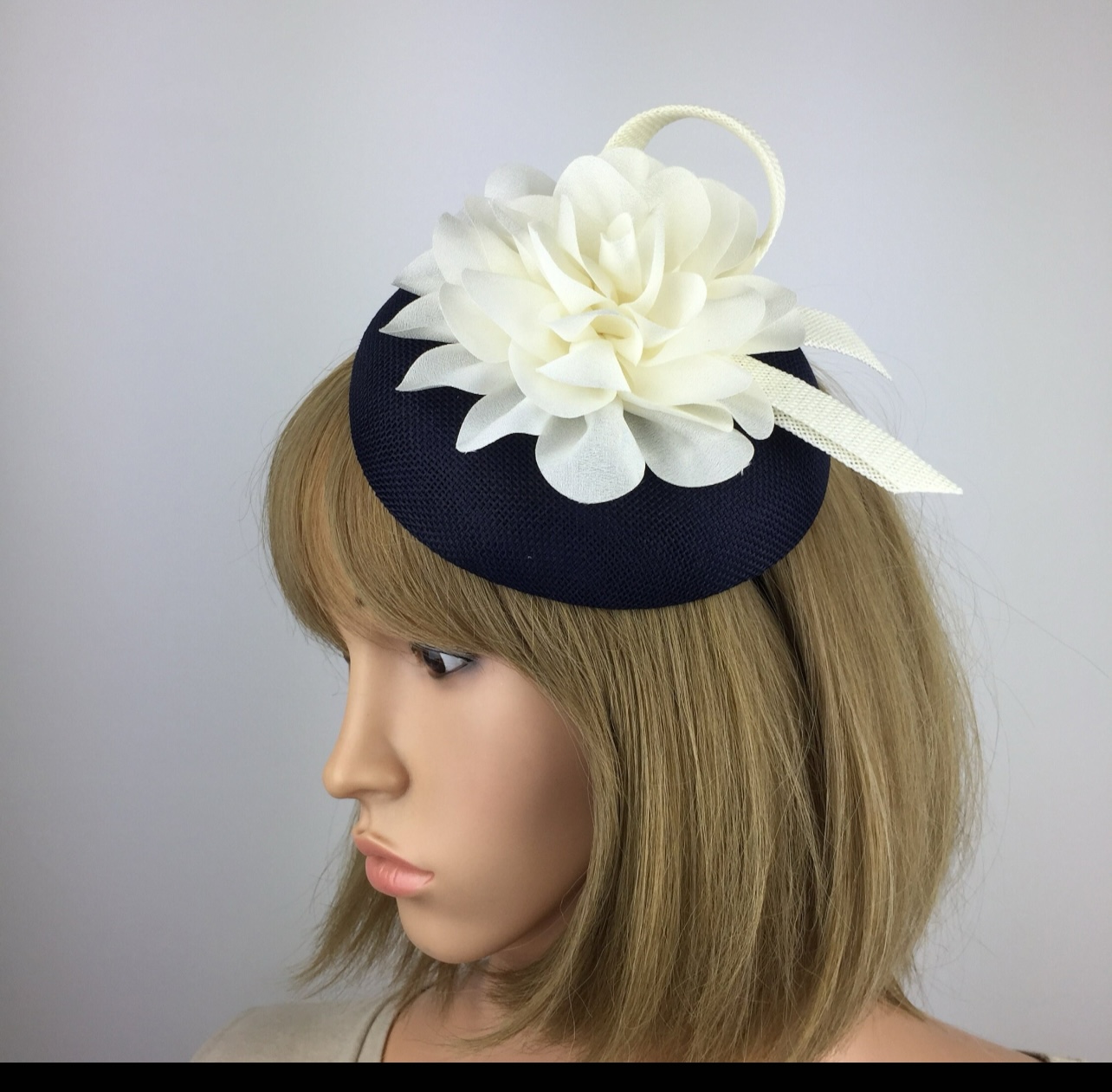 Navy Blue and Cream Fascinator Bespoke & Unique Design - Image 2