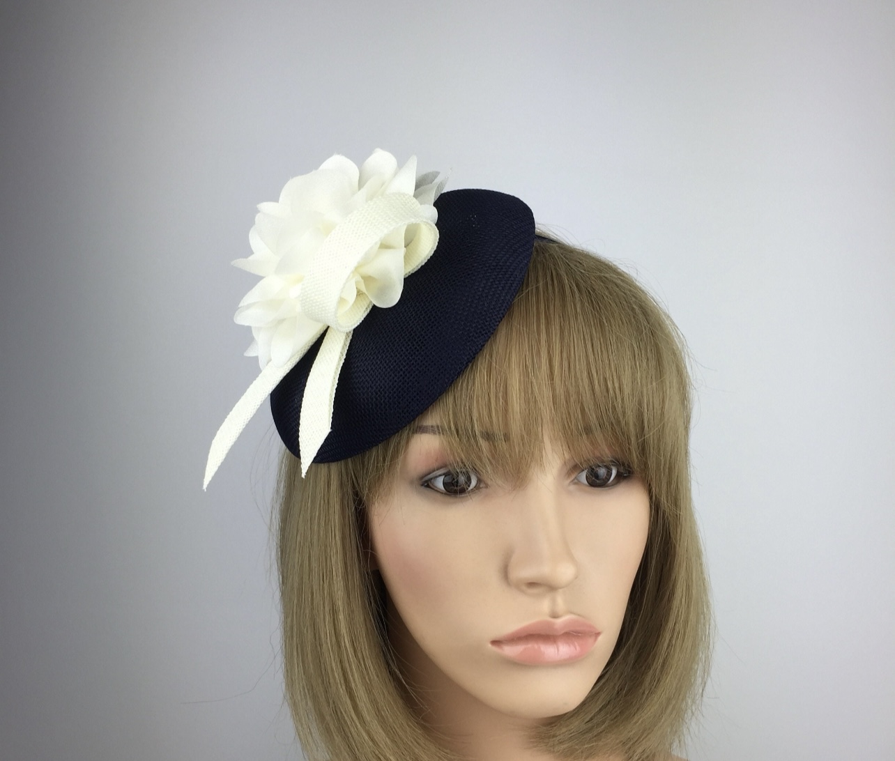 Navy Blue and Cream Fascinator Bespoke & Unique Design - Image 3