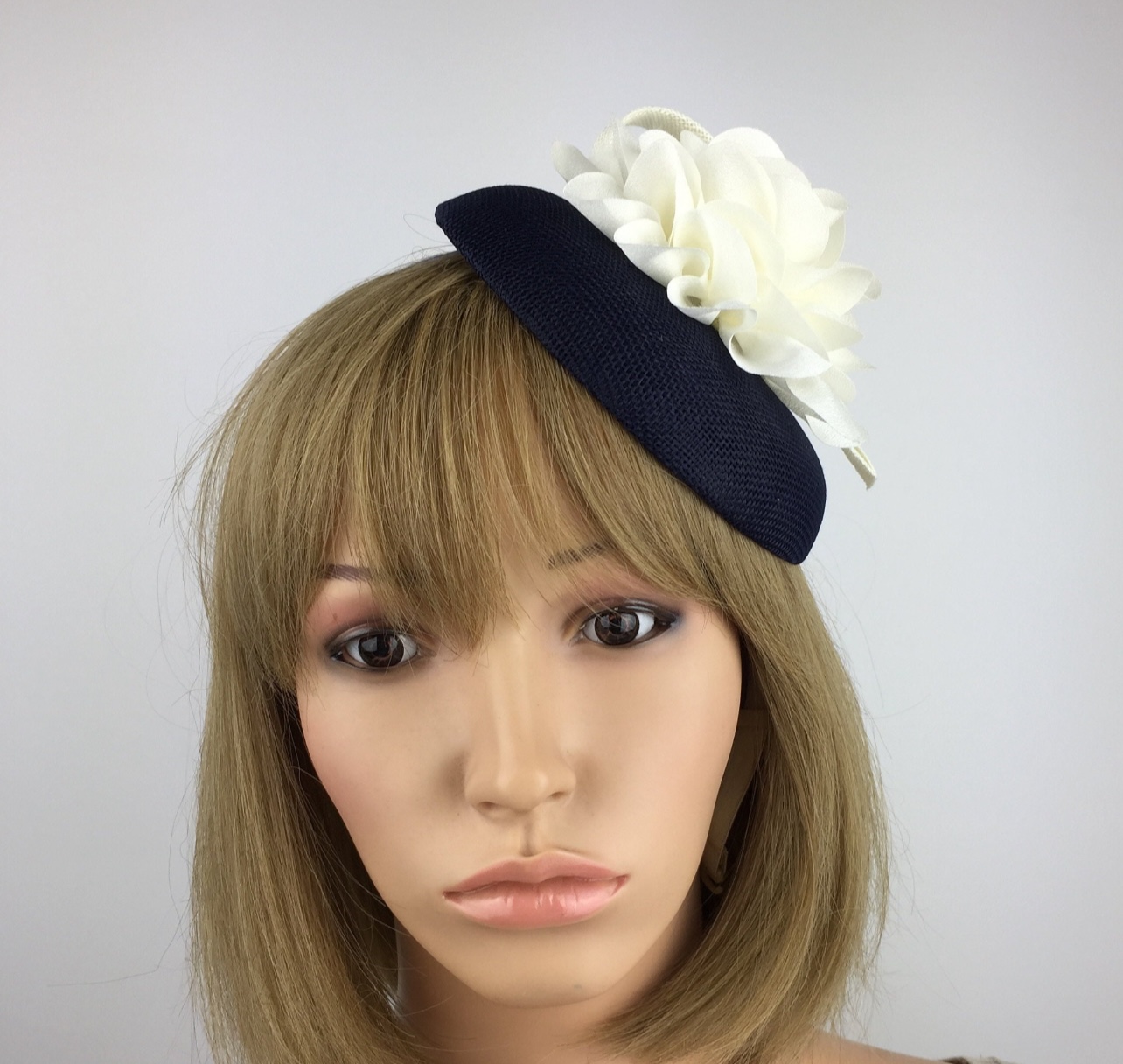 Navy Blue and Cream Fascinator Bespoke & Unique Design - Image 5