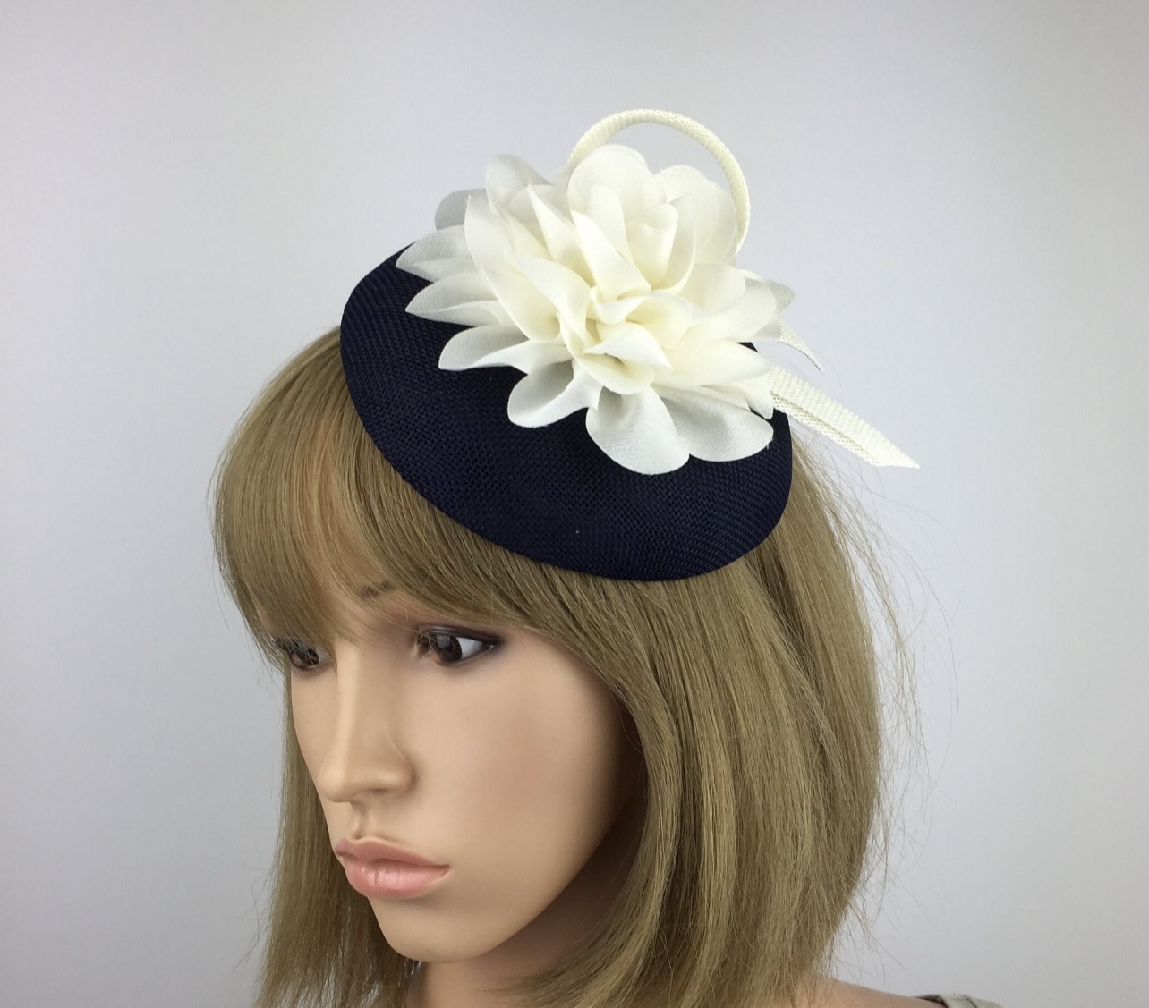 Navy Blue and Cream Fascinator Bespoke & Unique Design - Image 4
