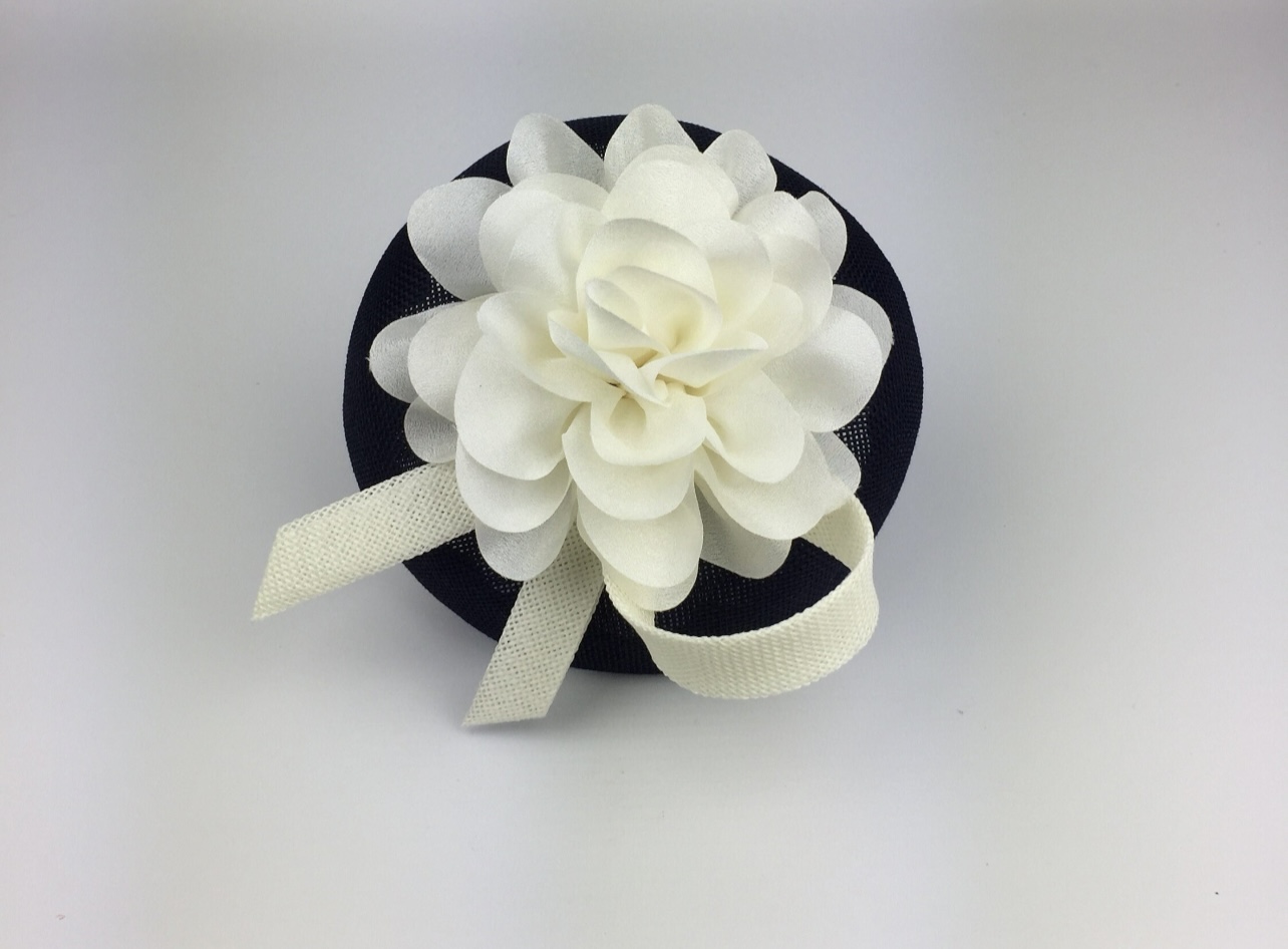 Navy Blue and Cream Fascinator Bespoke & Unique Design - Image 6