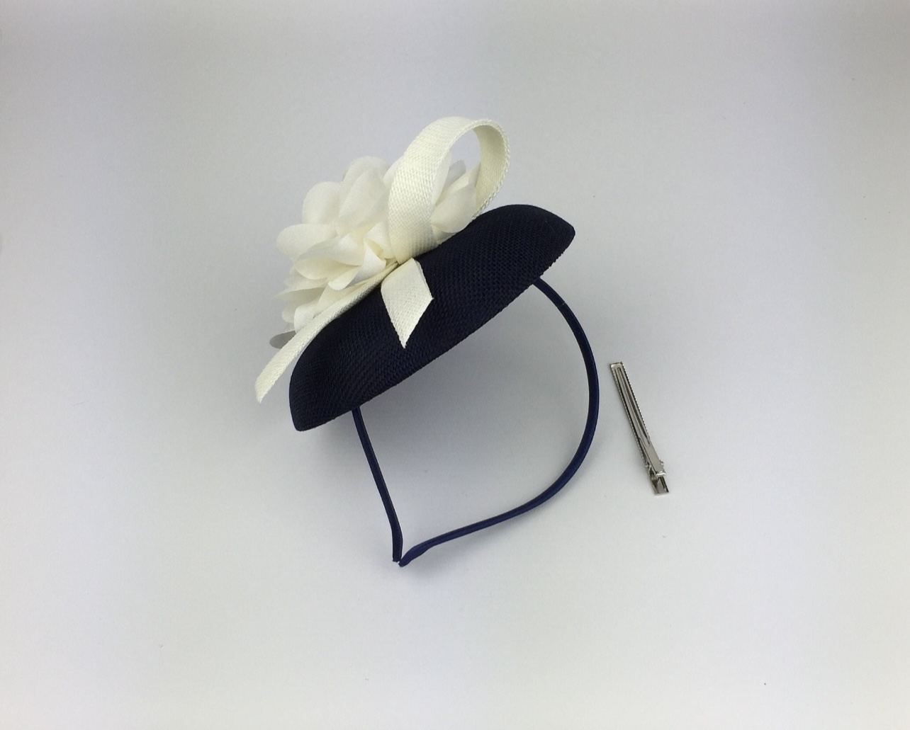 Navy Blue and Cream Fascinator Bespoke & Unique Design - Image 7