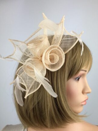 Ivory Sinamay Rose Fascinator with Feathers – Clip or Headband