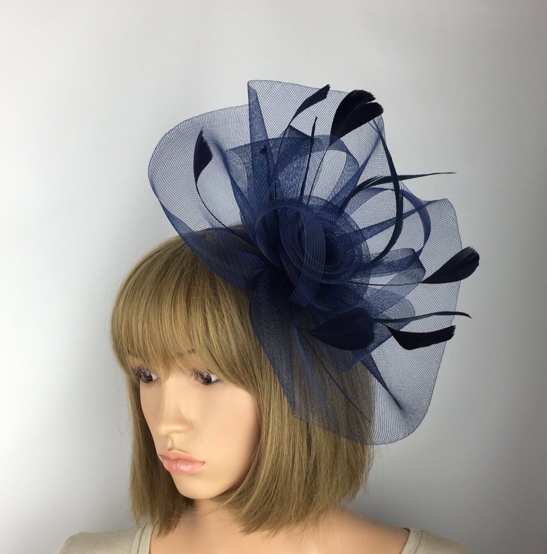 Navy Blue Crin Flower & Feathers Fascinator - Image 2