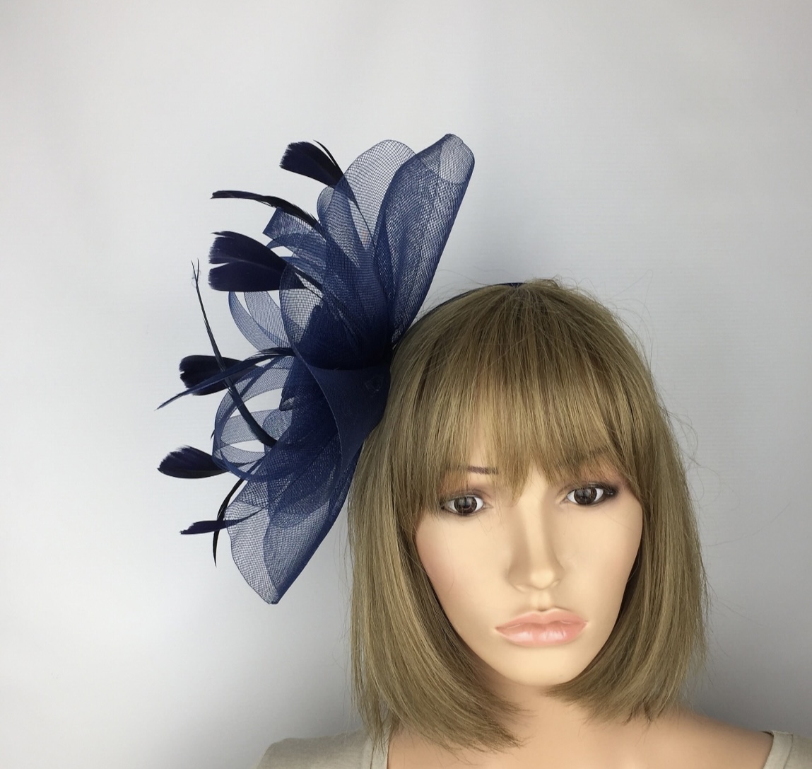 Navy Blue Crin Flower & Feathers Fascinator - Image 3