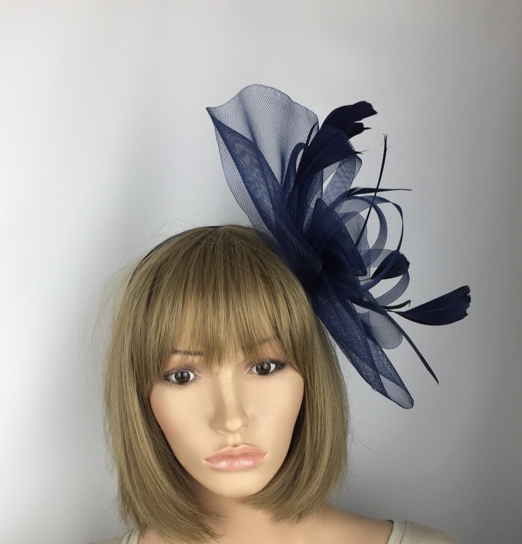 Navy Blue Crin Flower & Feathers Fascinator - Image 4